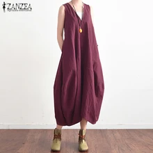 ZANZEA женское льняное длинное платье большого размера с v-образным вырезом без рукавов с открытой спиной макси платье повседневное однотонное мешковатое платье Vestido Femme