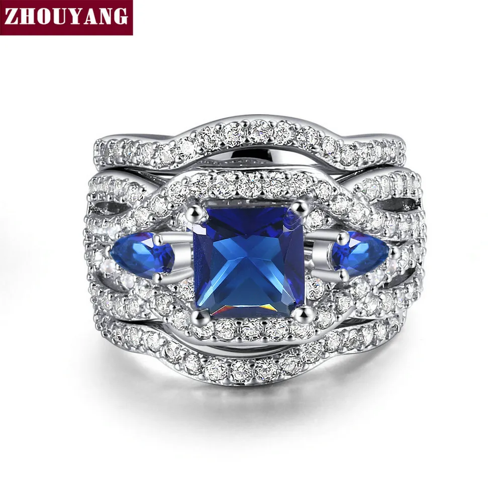 ZHOUYANG, набор обручальных колец для женщин, классический комплект из 3 колец с кубическим цирконием, вечерние кольца серебряного цвета, подарок ZYR643 ZYR711 - Цвет основного камня: WhiteGold Blue