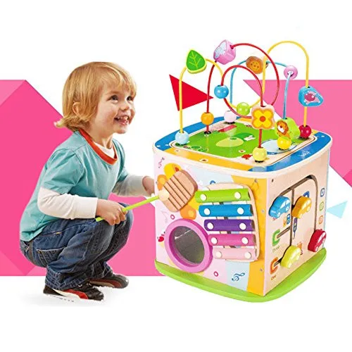 BigNoseDeer Wooden toys Activity Cube Learning Beads wire Maze Parking game Center 5 in 1 for toddlers Gift12