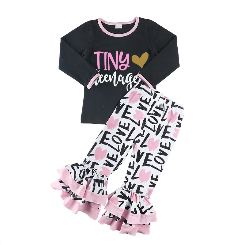 US $74.49 Kaiya Angel 2018 Boutique Girls Outfits Valentines Day Children Set Cotton Tops With Letter Print Ruffle Leggings