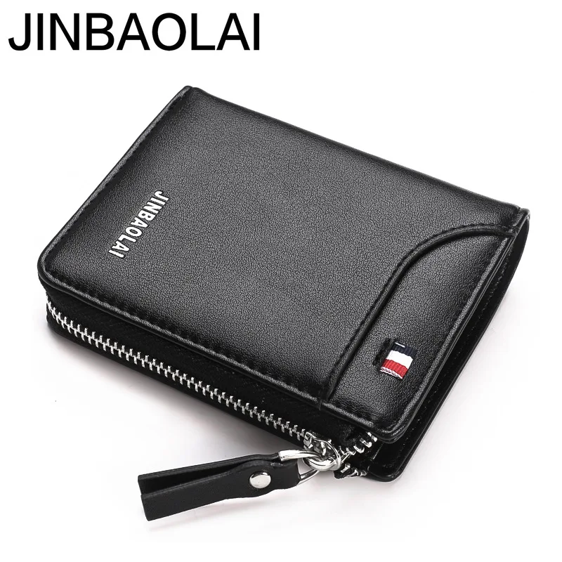 

JINBAOLAI Men's Short Vertical Bussiness Zipper Wallets for Young Fashion PU Leather Money Bags
