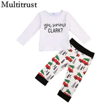 Г., бренд Multitrust, 2 предмета, милая детская хлопковая Футболка с Кларком для маленьких мальчиков и девочек топы+ рождественские штаны с машинками, комплект осенней одежды