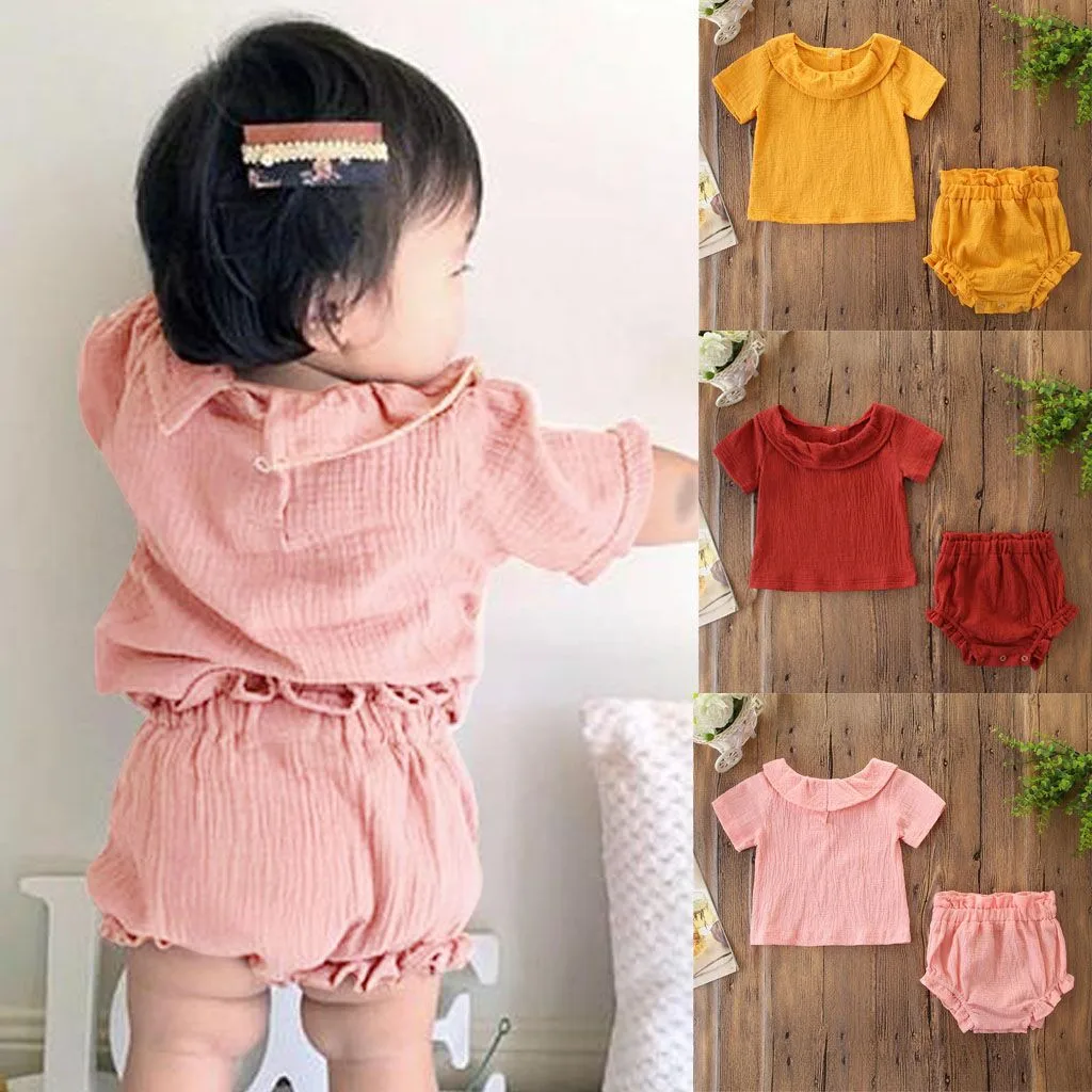 

Toddler Baby Girl Clothing Solid Short Sleeves Ruffled T Shirt Tops+Ruched PP Pants Suit Outfits 2PC Summer Casual Cute Clothes