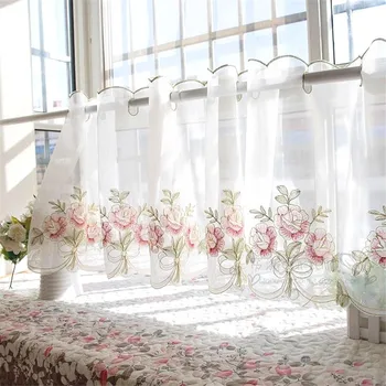 

Half-curtain Embroidered Window Valance Sheer Transparent Floral Curtain for Kitchen Cabinet Door Screening