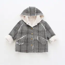 Модная детская зимняя куртка, зимнее пальто для девочек, теплая верхняя одежда унисекс для мальчиков, шерстяное пуховое пальто в клетку для
