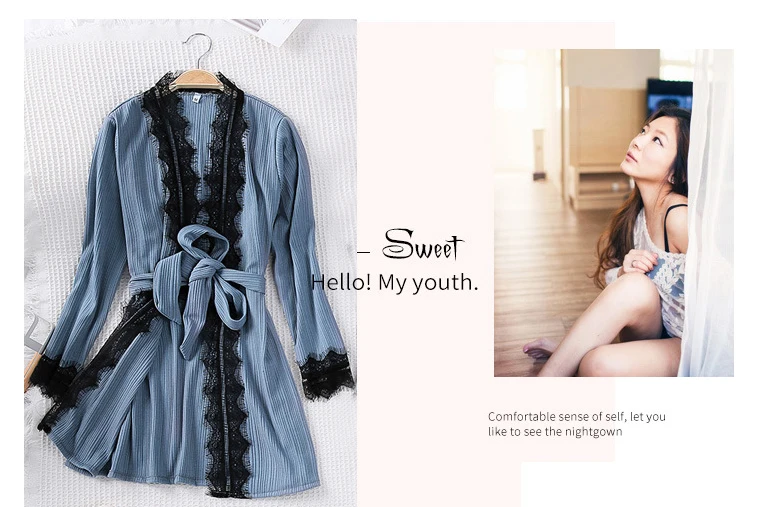 Queenral 3PCS Pyjama Femme Long Sleeve Pijama  For Women Sleepwear Set Home Clothes Pajamas Sets Sexy Lace Robe Pajamas         6 (2)