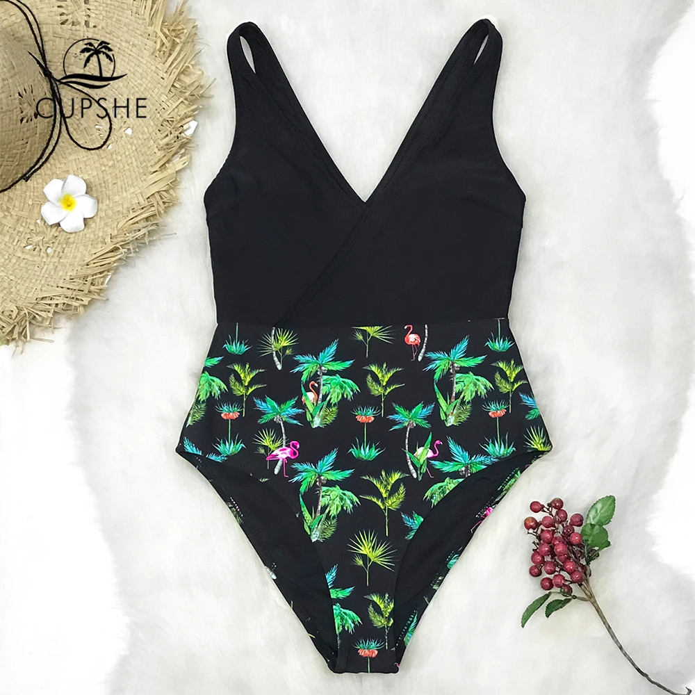 Kaufen CUPSHE Palm und Flamingo Print Einteiliges Badeanzug Frauen Sexy Monokini Badeanzüge 2020 Mädchen Strand Bademode