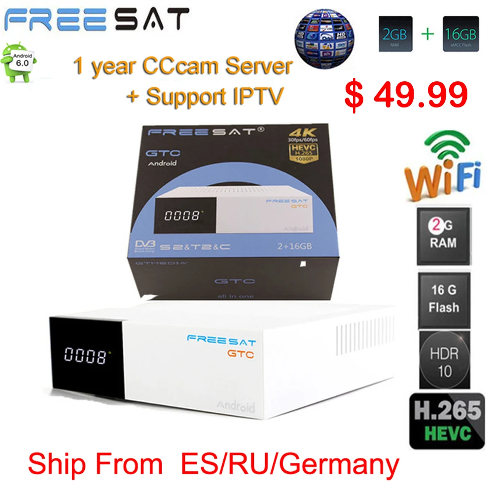 FREESAT gtmedia GTC Android 6,0 tv BOX DVB-S2/T2/Cable/ISDBT Amlogic S905D 2 Гб ram 16 Гб rom freesat+ 1 год Бесплатный CCcam подарок