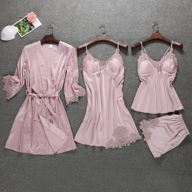 

4Pcs Brand Sleepwear Female Pajamas Sets for women lace silk satin pijama autumn nightwear sexy lingerie pyjamas women homewear