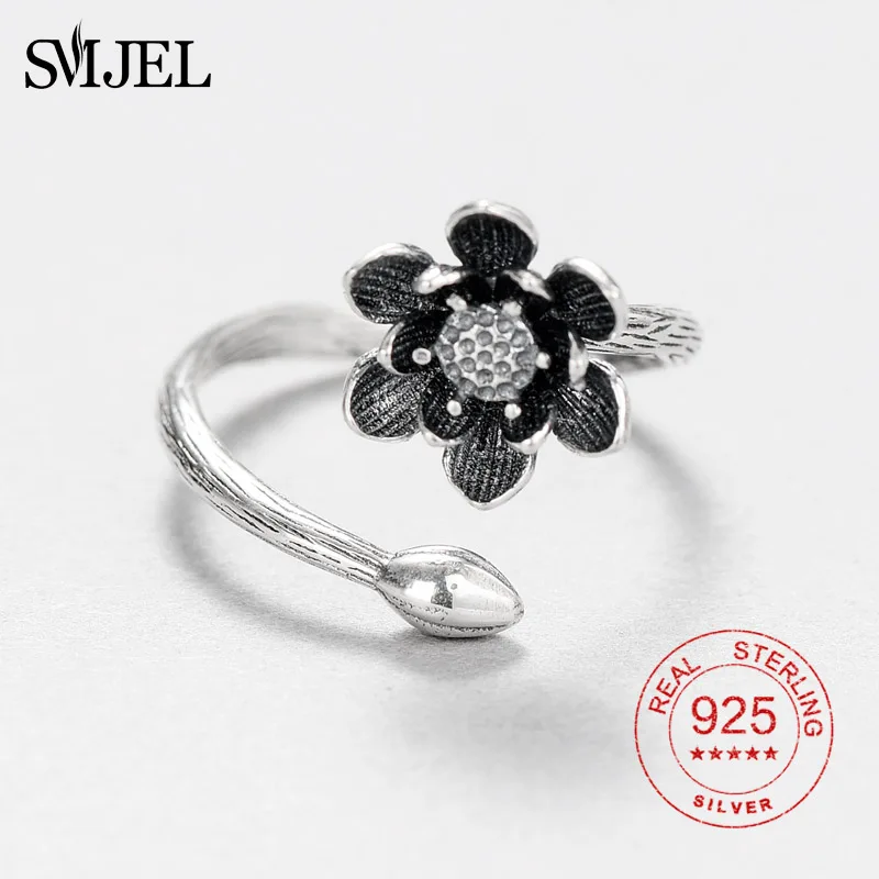 Женское Винтажное кольцо с цветком лотоса SMJEL черное из стерлингового серебра 925