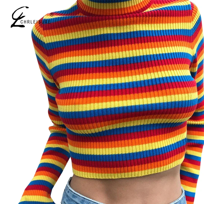Koop Vrouwen Warme Trui Vrouwelijke 2019 Nieuwe Mode Regenboog Trui Dames Hoge Kraag Korte Corp Tops Femme
