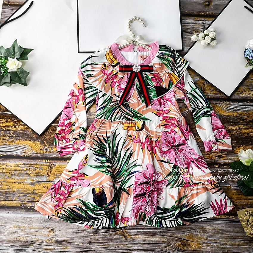 

491 Hawaii Print Ribbon Brand Princess Baby Girl Dress Spring Fall Autumn Party Kid Dress For Girl Wholesale Baby Girl Clothes