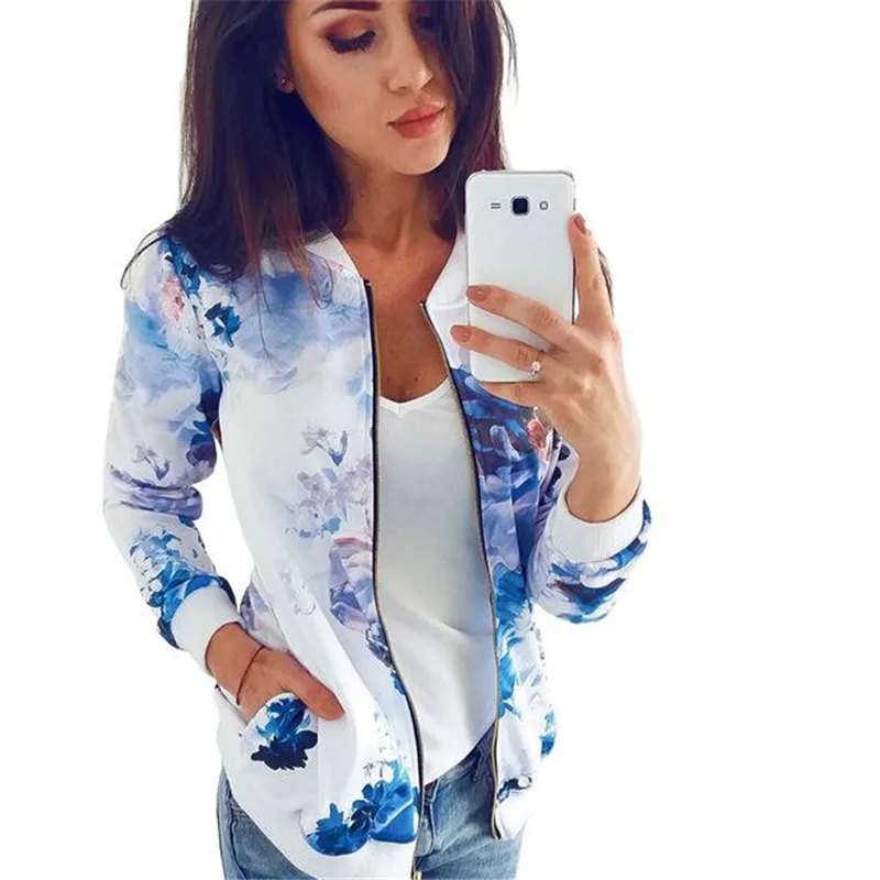 Women's Fashion Printed Zipped Classic Jacket Coat Long Sleeve Biker Outwear Zip Up Windbreaker Top