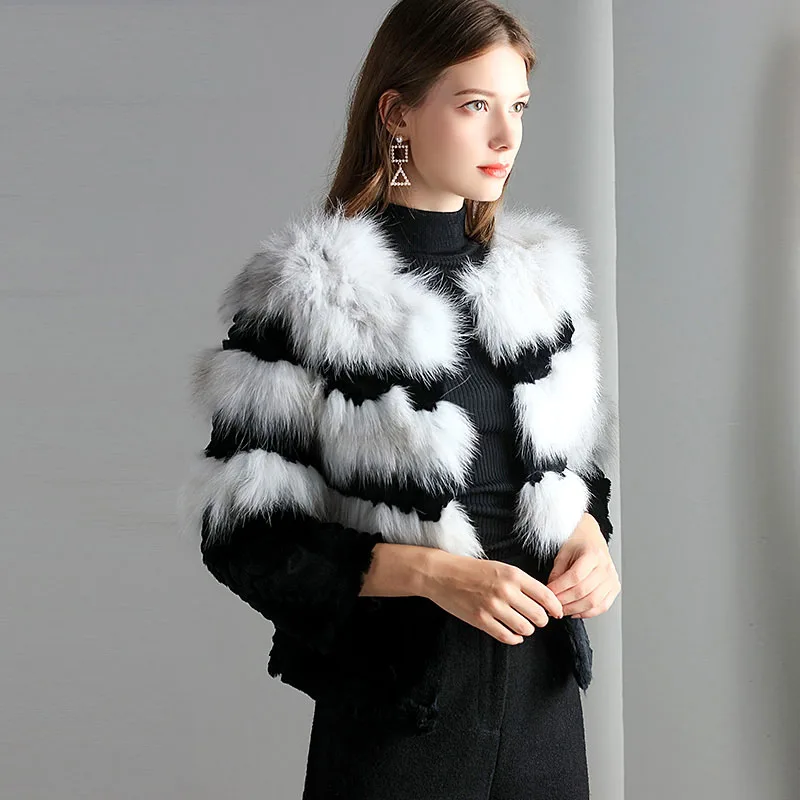 

Natural fox fur and rabbit fur patchwork jackets women color block striped real fur coats outerwear 2018 new autumn winter