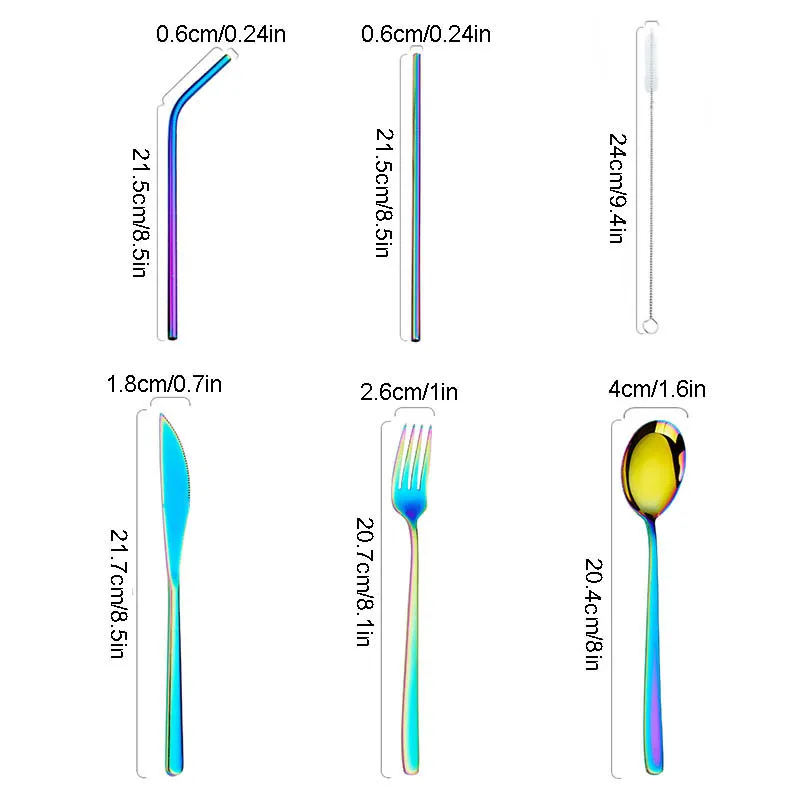 6 шт. портативный прибор из нержавеющей стали набор походные дорожные столовые приборы набор серебряных изделий многоразовая посуда нож вилка ложка щетка для чистки соломинок
