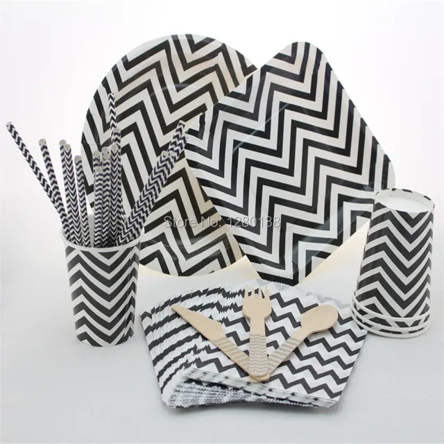 disposable 5 color party tableware set chevron paper plates straws