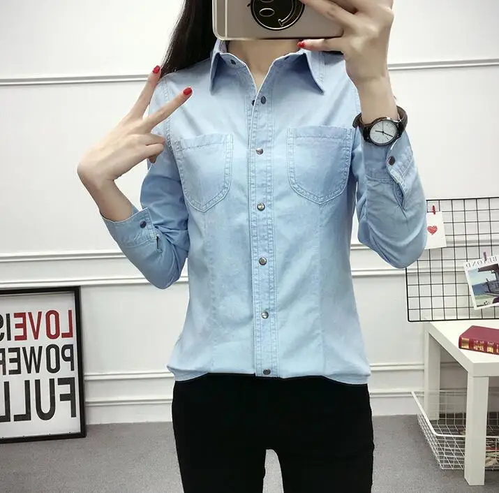 Облегающие повседневные джинсовые рубашки с длинным рукавом, элегантная блуза на одной пуговице, рубашка для женщин, плюс размер, джинсовые блузы, корейские женские топы - Цвет: Небесно-голубой