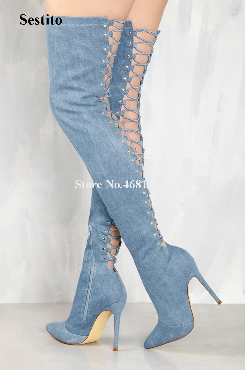 

Women Sexy Pointed Toe Blue Denin Over Knee Thin Heel Gladiator Boots Back Cut-out Long High Heel Boots Evening Dress Shoes