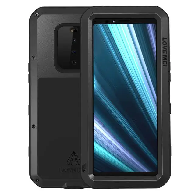 Love Mei Powerful Phone Fundas For Sony Xperia 1 Xperia1 Cover Heavy Duty Shockproof Case Silicone Metal Cover Toughened Glass - Цвет: Черный