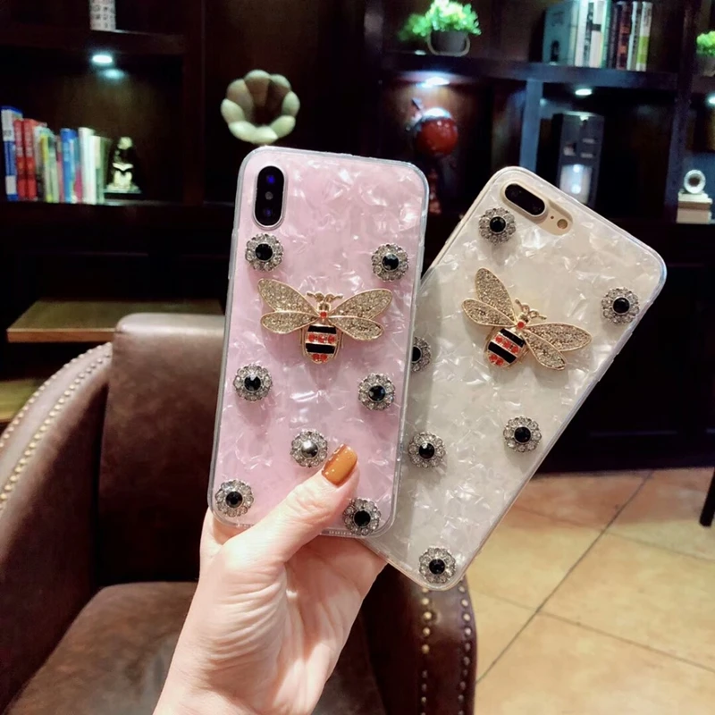 Aoweziic Luxury Marble Rhinestones Bee Case For iPhoneX 7 6 6S 8 Plus XS MAX XR glitter Sea shell Diamond Conch TPU Cover Back