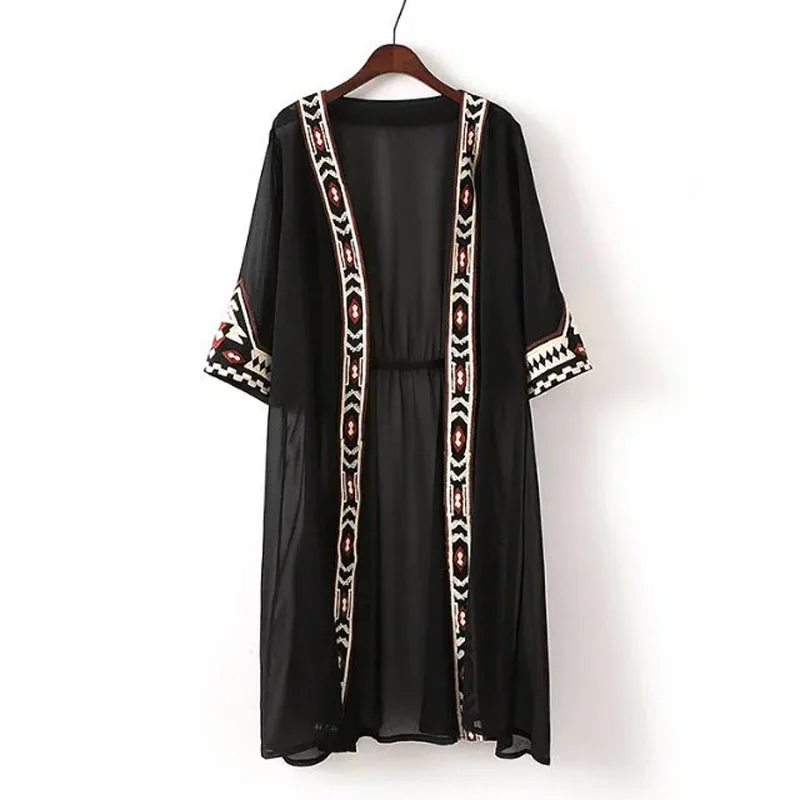 

DkunhuiLC Fashion Womens Black White Color Geometric Embroidery Ethnic Shirt Cardigan Summer Sunscreen Kimono Loose Blouses 2019