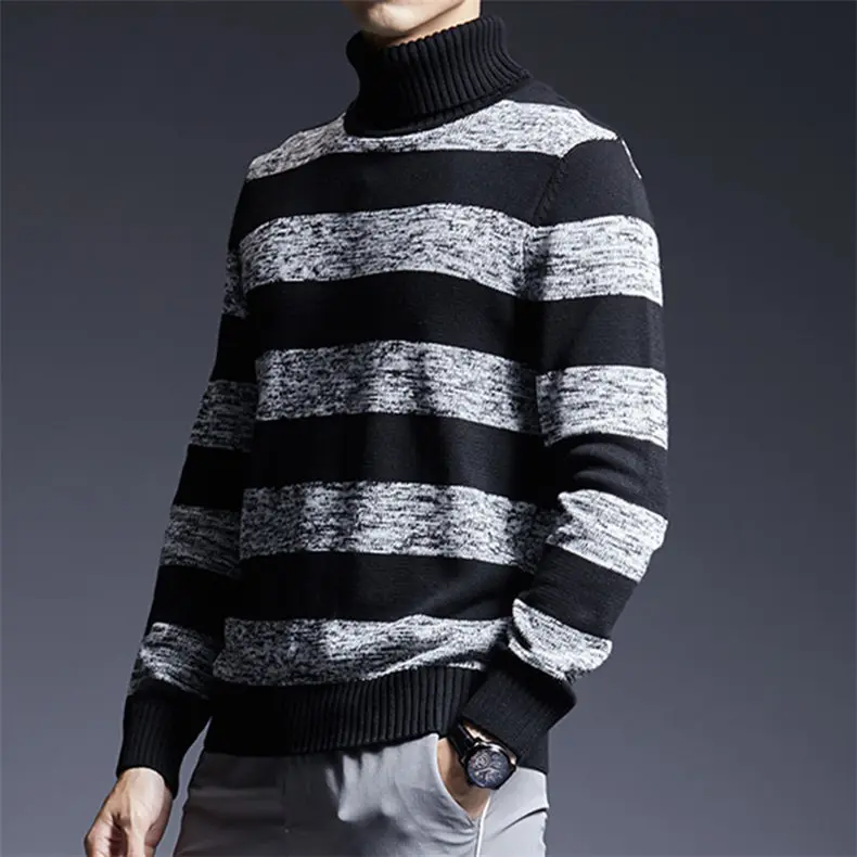 Thicken Mens Turtleneck Sweater Pullovers Winter Colored Wool High Neck Pullover Sweater Jumpers Male Striped Knitwear Clothing 05