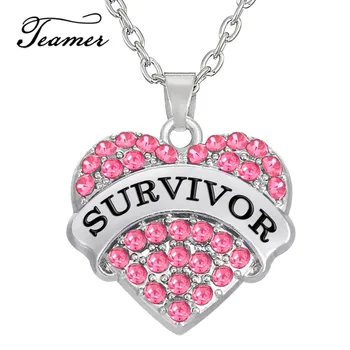 

Teamer Breast Cancer Support Survivor Necklace Engraved Letter Pendant Gift Jewelry for Cancer Survivor Crystal Accessories