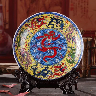 Fengshui Королевское искусство керамическая декоративная тарелка драконы тарелка, украшение тарелка на деревянном основании куриный набор фарфоровых тарелок свадебный подарок - Цвет: a