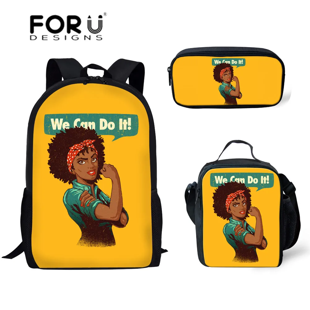 

FORUDESIGNS 3pcs School Bags Set for Children Black Queen African Girls Printing School Backpack Kids Primary Book Bags Softback