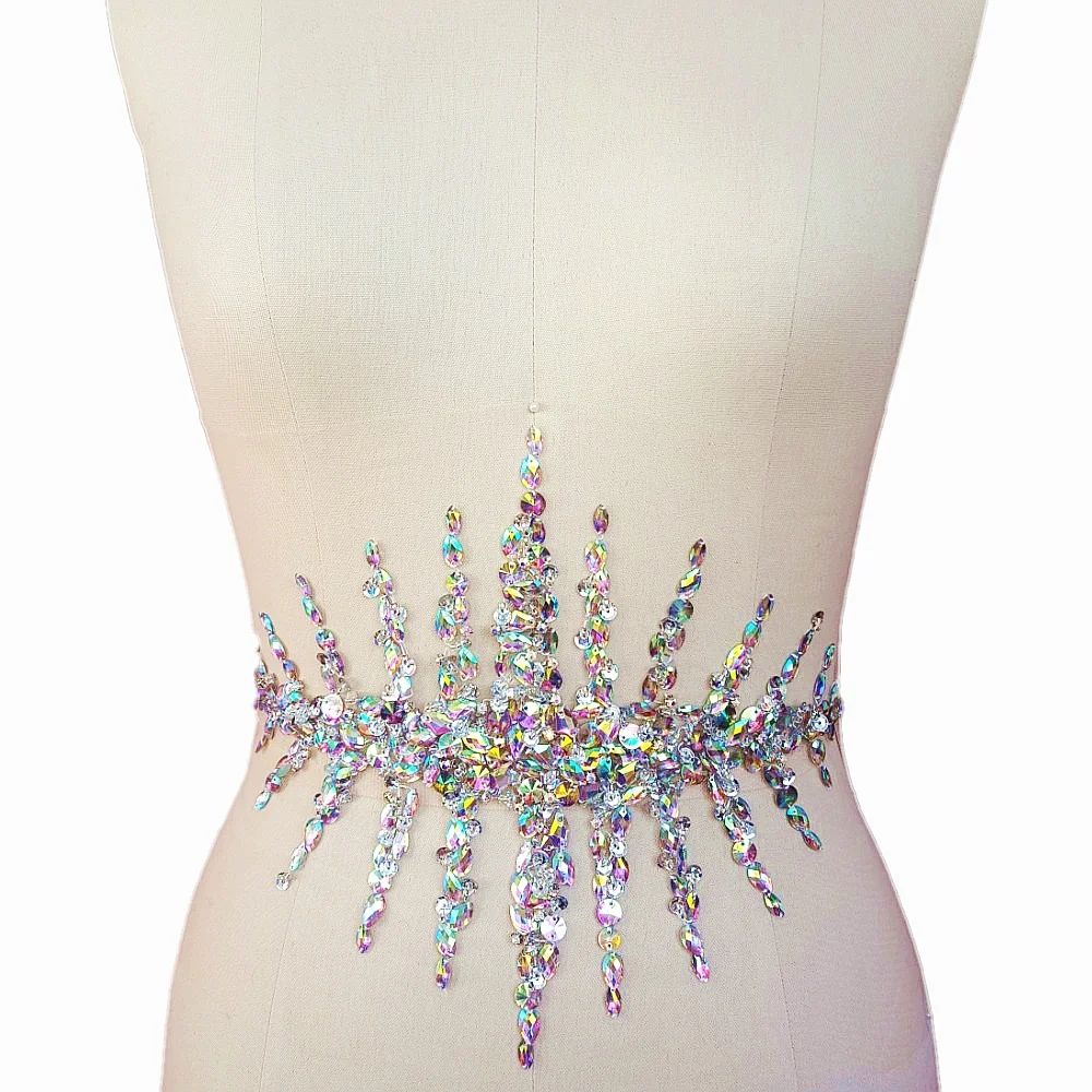

PATCHES Applique 20x33cm Sew On AB Sequins Rhinestone Stone Crystal Beaded for Wedding Dress DIY Bridal Belt Waist Decoration