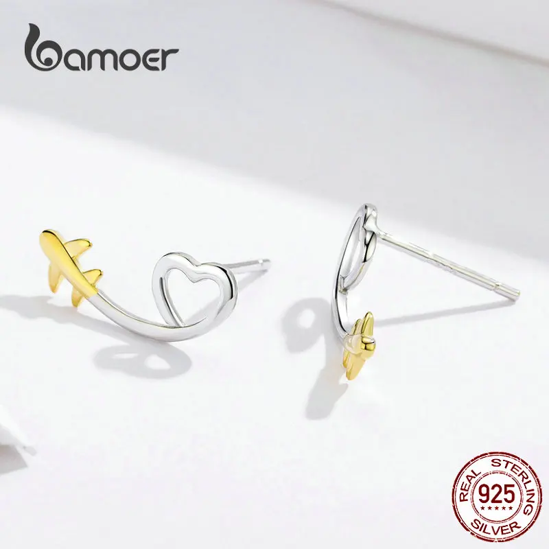 BAMOER простые серьги-гвоздики стерлингового серебра 925 сердце-shape форме, благодаря чему создается ощущение невесомости с длинными ушами шпильки ювелирные изделия для девочек Подарки корейские серьги SCE632