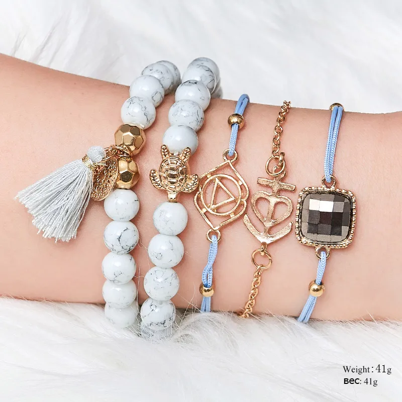 

SHUANGR Bohemian White Beads Chain Bracelets Bangles For Women Fashion Moon Heart Gold Color Bracelets Sets Jewelry Gifts
