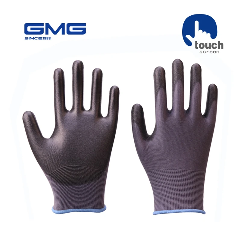 

Touch Screen Gloves Work GMG Grey Polyester Shell Black PU Coating Safety Work Gloves Safety Gloves Working