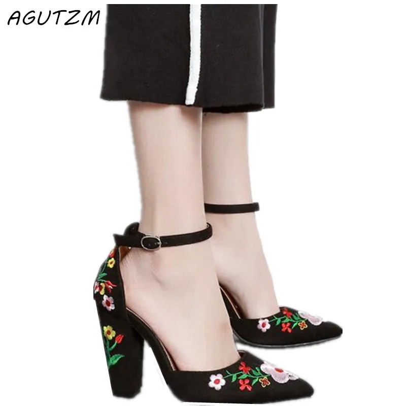 

AGUTZM 41 Size Embroider Women Pumps High Heels Pointed Toe Lace up Cross-tie Women High Heels Elegant Ladies Shoes Women
