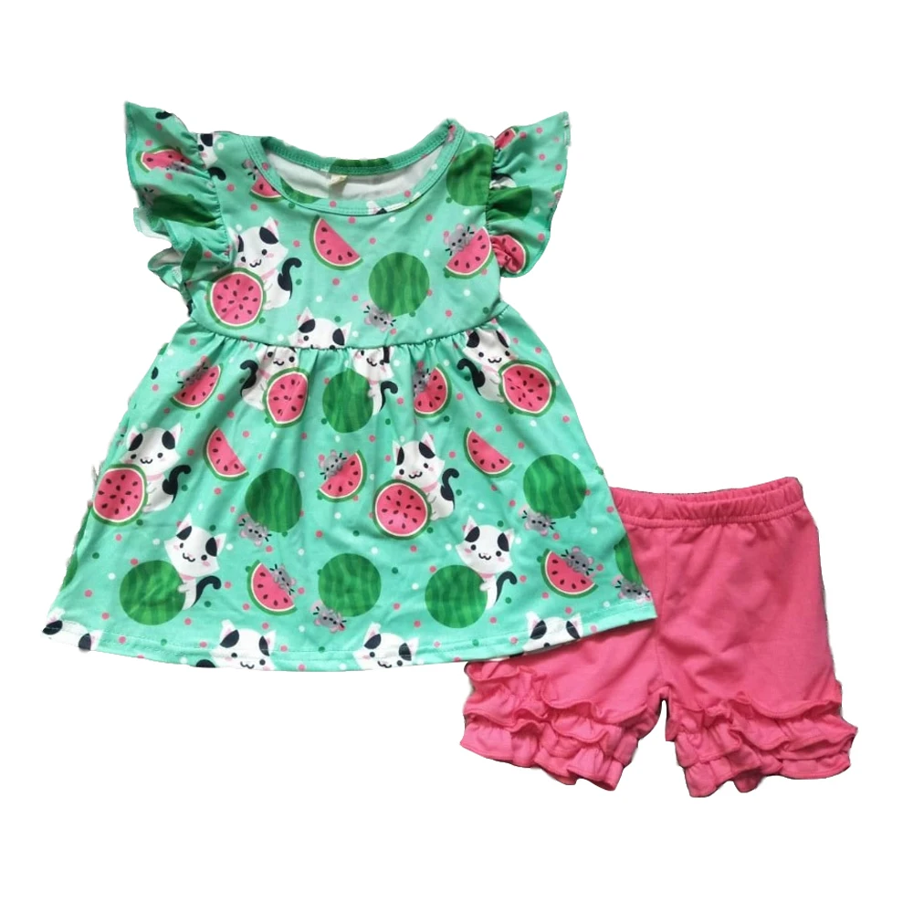 

Summer New Girl Set Small Flying Sleeve Cat Pattern Print Top and Pink Lotus Leaf Lace Shorts Boutique Set Wholesale