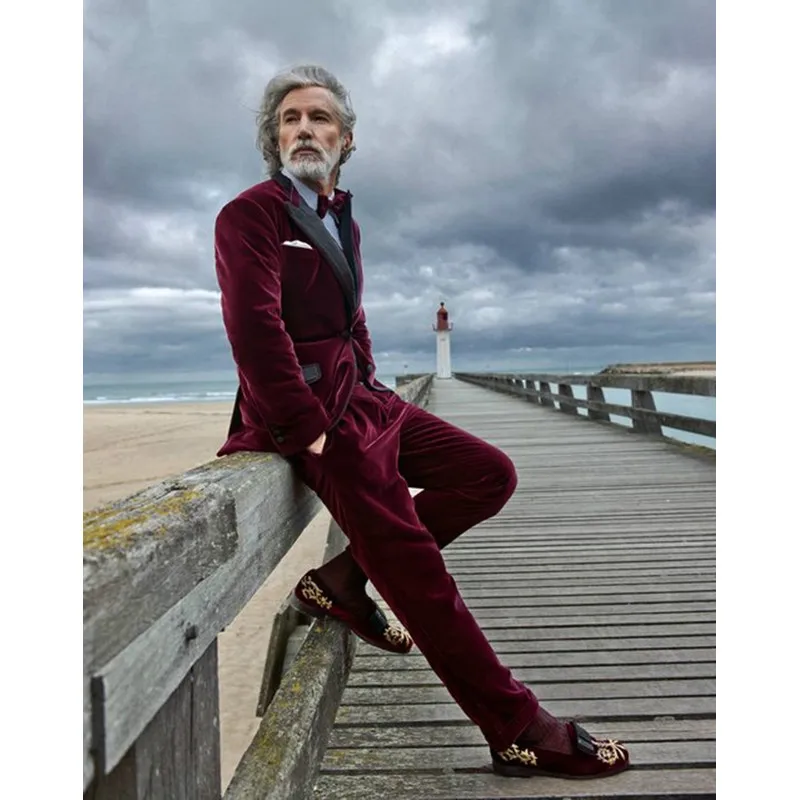 костюм мужской классический Бордовый бархат 2 шт. Slim Fit для мужчин красивый жених