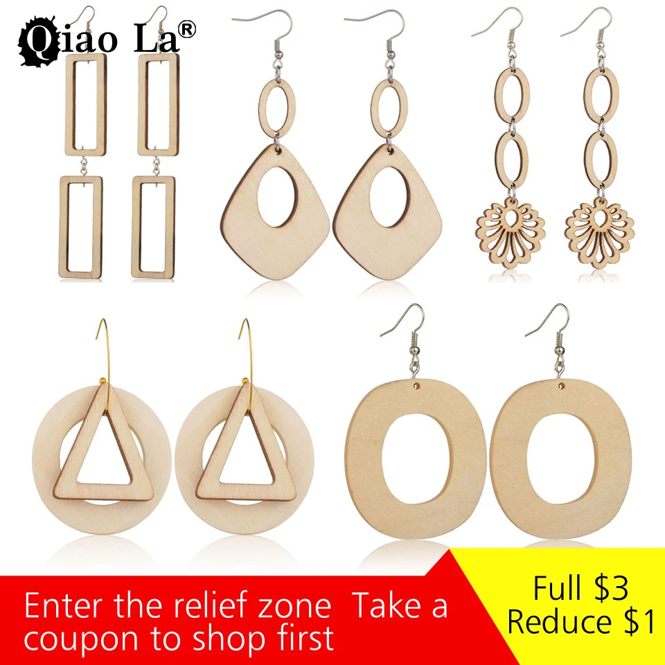 

Qiao La New Fashion Simple Bohemian Pendant Earrings Vintage Wood Material Openwork Flower Pendant Earrings Jewelry Ethnic Style