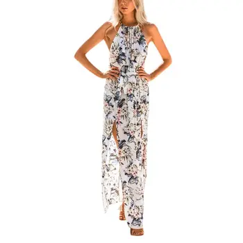 

Maxi Dresses Floral Print Halter Chiffon Long Dress Women Backless Vestidos Sexy White Split Beach Summer Dress