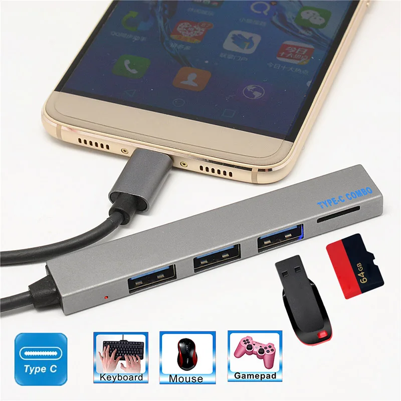 New Type C to 3Ports USB 2.0 OTG HUB Aluminium Alloy Portable MicroSD