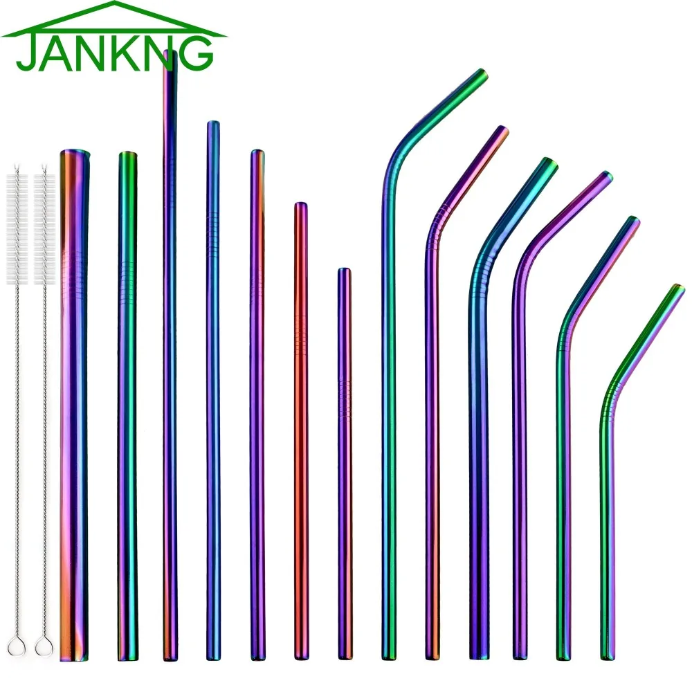 JANKNG 2 шт красочные радужные соломы 304 нержавеющая сталь 16/19/21/23/26 см соломинки 6/8/12