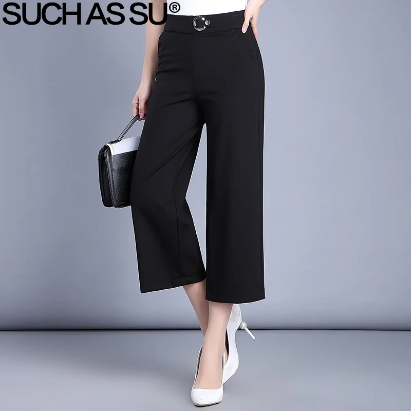 Brand New 2017 High Waist Wide Leg Trousers For Women Spring Summer Black Elastic Waist M-3XL Loose Trousers Office Work Pants