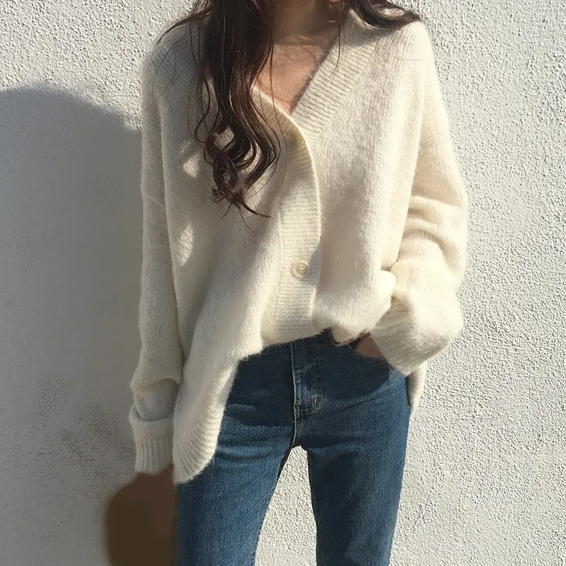 

New Winter Women Cardigan Sweater Long Sleeve Loose Thick Knit Sweater Coat Button Casual Female Solid Mohair Sweater Coat