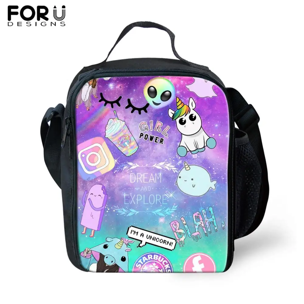 

FORUDESIGNS Cute Alien Print Messenger Thermal Food Lunch Bag for Children Lunchbox Picnic Food Bag Kids Insulated Shoulderbag