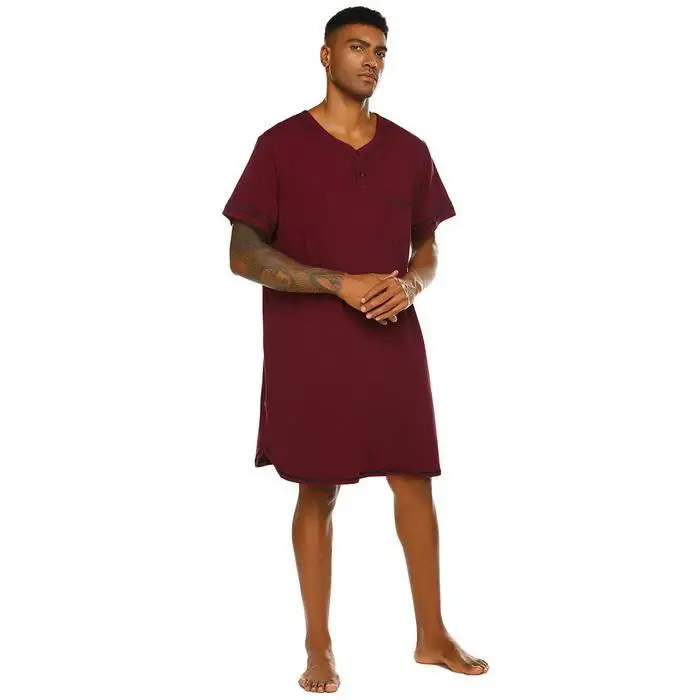 Ekouaer/мужская летняя одежда для сна ночная рубашка с коротким рукавом контрастного цвета с карманом на пуговицах, свободные до колен, ночные рубашки, домашняя одежда
