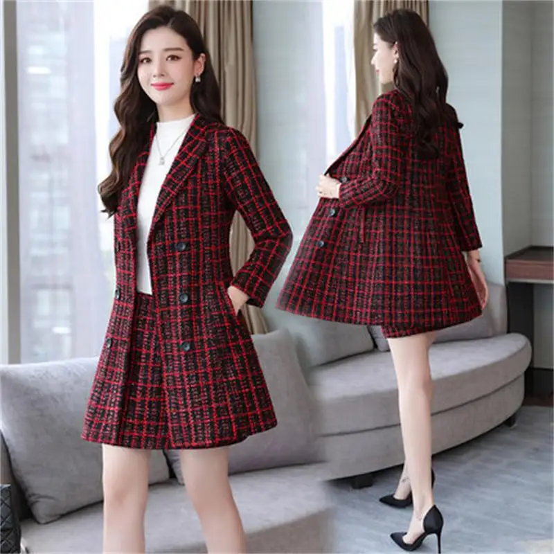 

Women new autumn and winter Slim long plaid woolen small suit fashion two-piece female short skirt suit women suit trend
