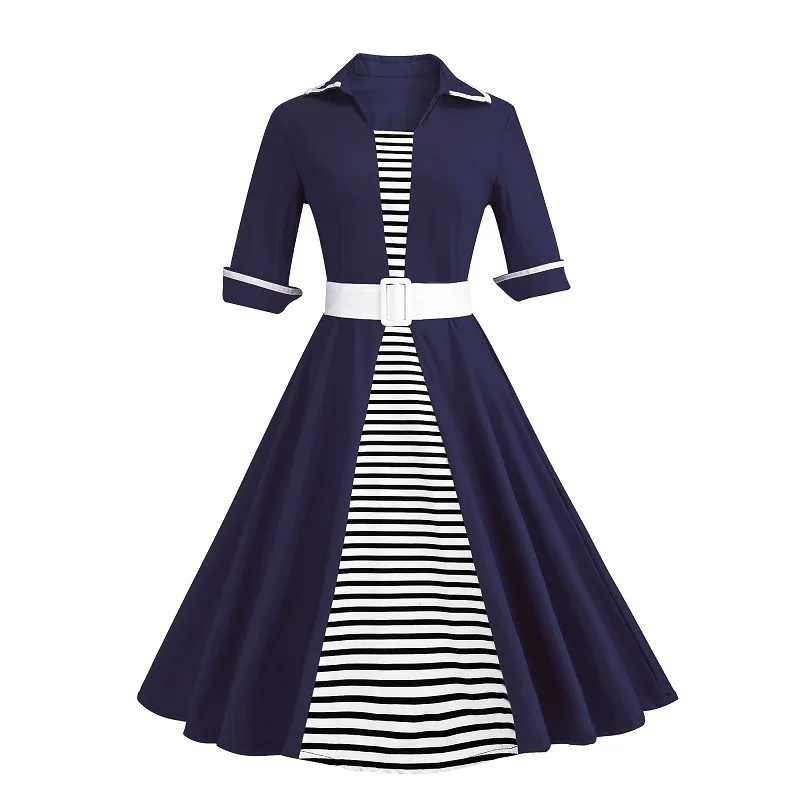 

robe vintage rockabilly with sashes sukienka Women three quarter sleeve patchwork swing pin up dress plus size 4xl stripe frocks