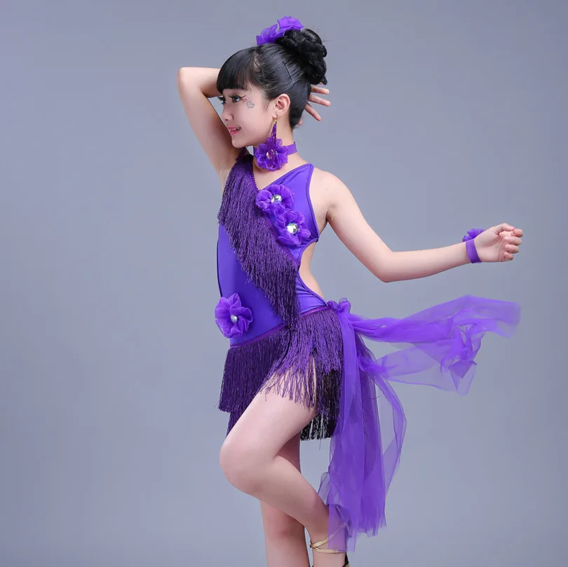 

Sequin tassel latin dance dress for girls salsa kids dresses competition spandex children samba tango salsa cha Fringe ballroom