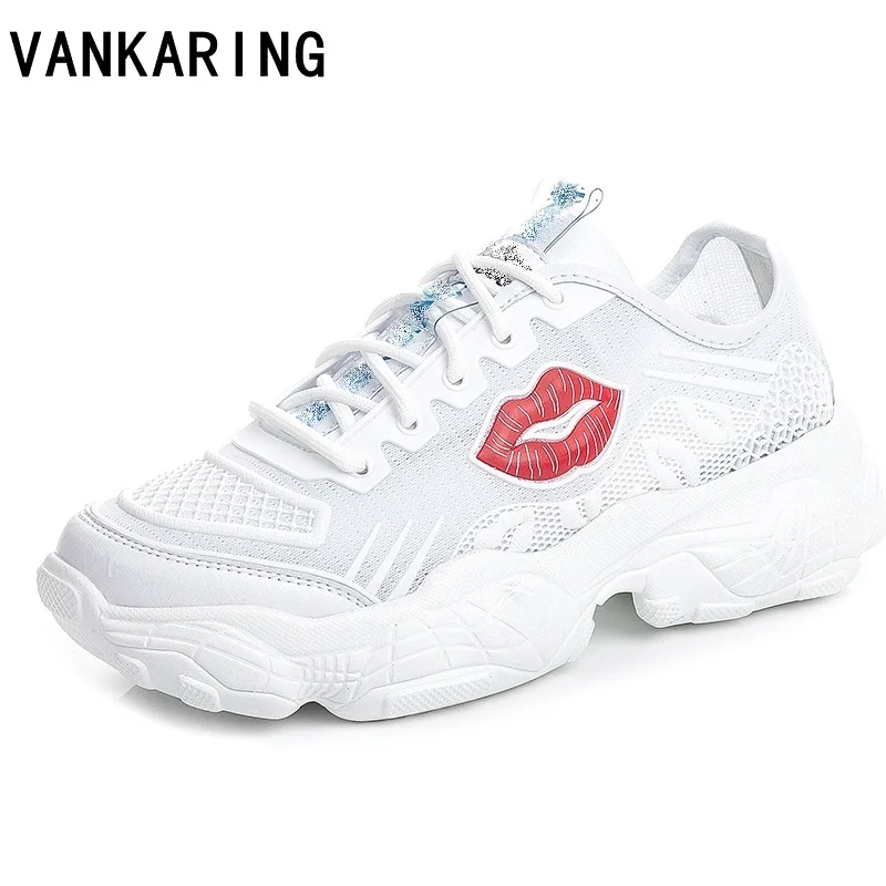 

brand shoes woman fashion red lips leather mesh flats white shoes round toe cozy shoes woman summer autumn casual shoes sneakers
