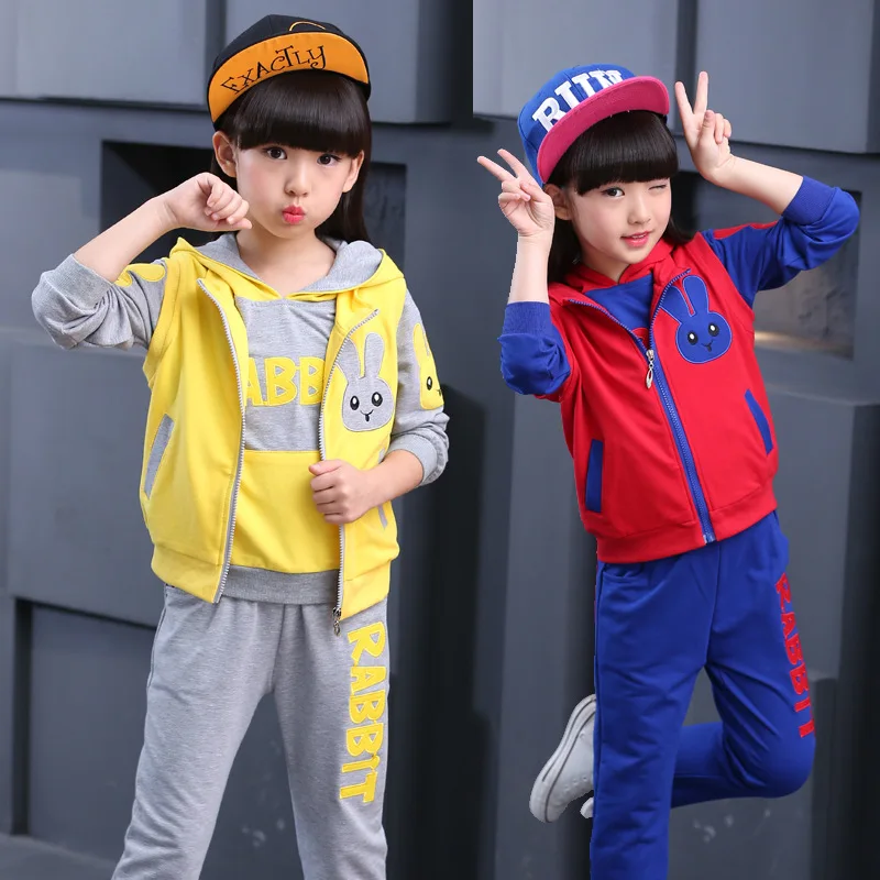 

Spring Autumn Girls Clothes Sets Jacket Rabbit Kids Vest+Tee+Pants Kids Tracksuit for Girls Clothing Sets Girls Sport Suit B211