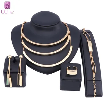 

Fashion Dubai Jewelry Sets Bridal Gift Nigerian Wedding Accessories Big African Gold Color Necklace Earring Jewelry Set